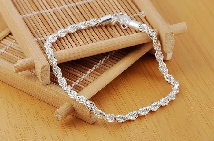 Breloques chaudes 4MM chaîne de corde torsadée 925 Bracelets en argent Sterling pour homme femme bijoux classiques de mode fête de mariage cadeau de vacances
