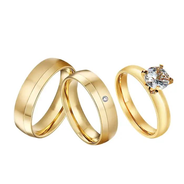 Ensemble de bagues de fiançailles de mariage plaquées or 18 carats, 3 pièces, élégance, pour hommes