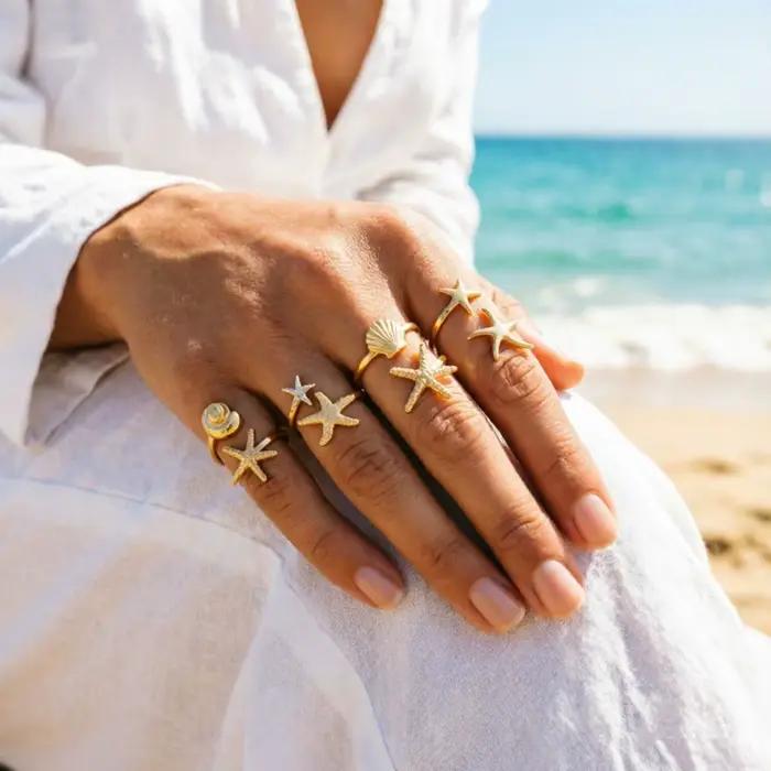 Ensemble de bagues bohèmes d'été pour femmes et hommes, avec étoiles de mer, coquillages et conques, en métal, empilables, bijoux de fête et de vacances