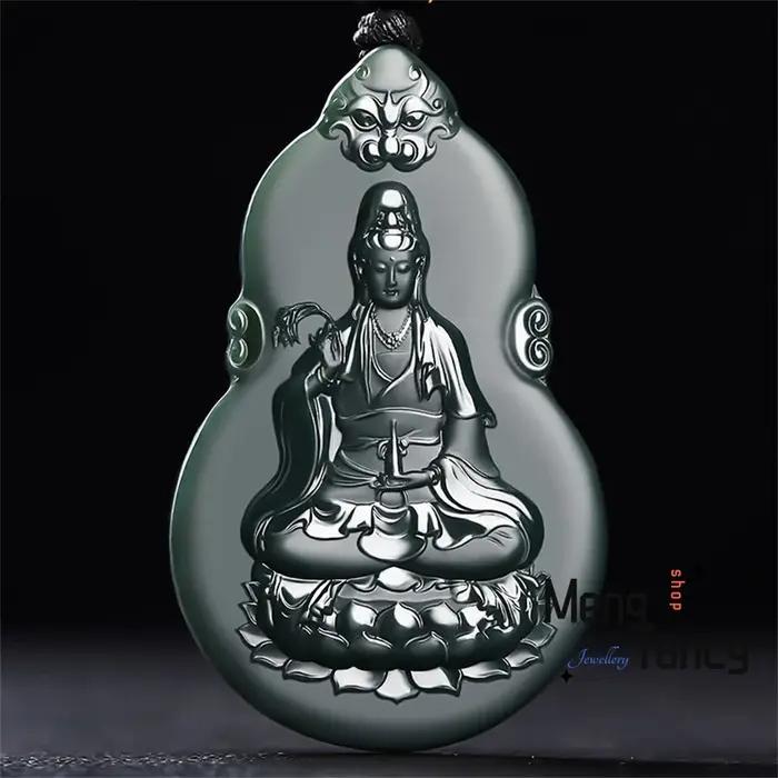 Jade vert Hetian naturel, gourde Fine, pendentif gardien de bouddha Guanyin, gravure Double face, bi