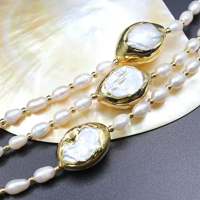 Collier de perles de riz de culture classique avec perles Keshi plaquées or pour femmes occasions spéciales fête mariage