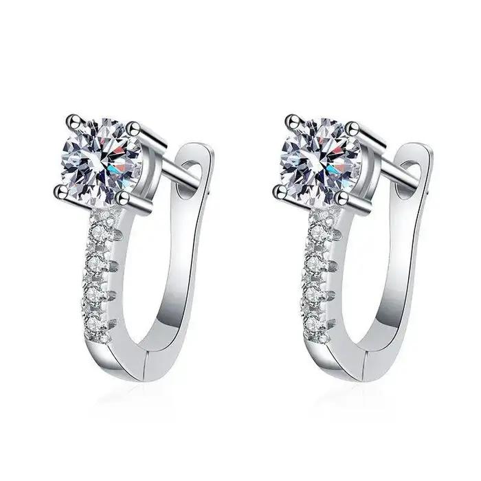 Boucles d'oreilles créoles huggie en argent sterling 925, pavées de deux moissanites D VVS1, semi-in