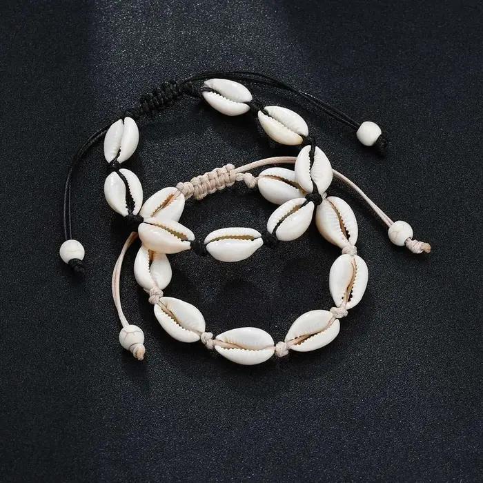 Bracelet de cheville en coquille de plage tressé à la main avec motif géométrique pour femmes, idéal pour les vacances et les occasions spéciales