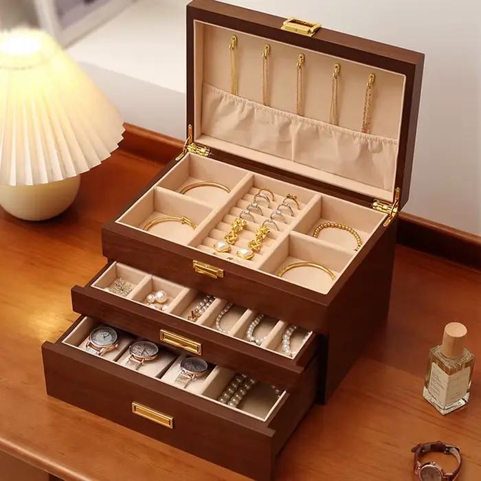 Boîte à bijoux en bois, grandes boîtes de rangement de luxe, boucles d'oreilles, bagues, bracelets, colliers, vitrine, fournitures d'organisation de bijoux pour femmes