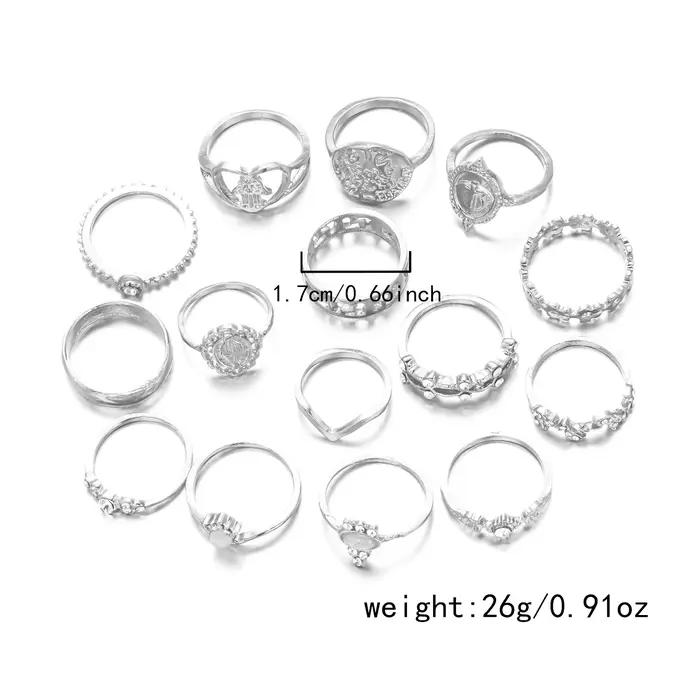 Ensemble de 15 bagues empilables vintage couleur argent pour femmes