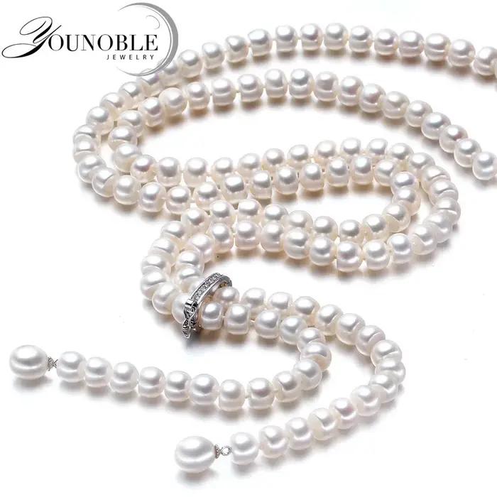 Collier en perles véritables long pour femmes, argent 925, perles d'eau douce naturelles blanches, c