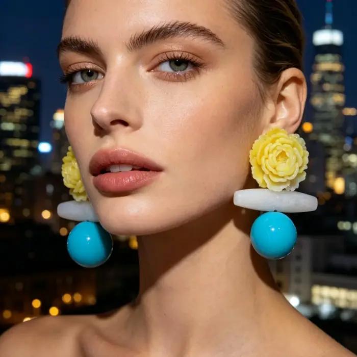 Boucles d'oreilles en acrylique motif pivoine fleurs jaunes dégradées billes bleues style rétro macarons colorés pour femmes occasions spéciales