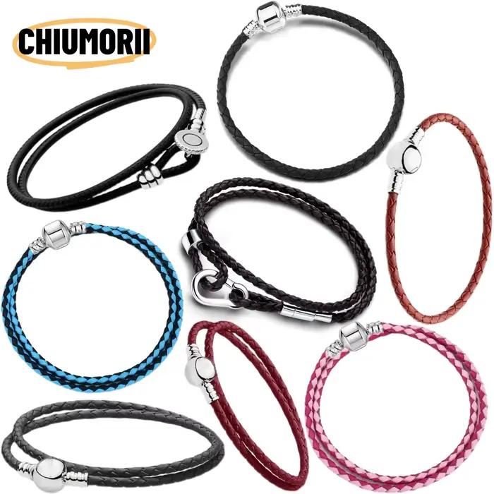 Bracelet en cuir classique, bracelet à perles rondes tendance, bracelet en argent pur S925, breloque DIY pour bijoux femme, cadeaux