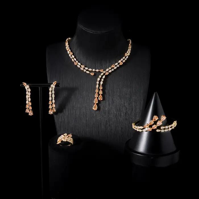 Ensemble de bijoux de luxe en zircone cubique taille poire 00121, 4 pièces pour mariée : collier, boucles d'oreilles, bracelet et bague, étincelant
