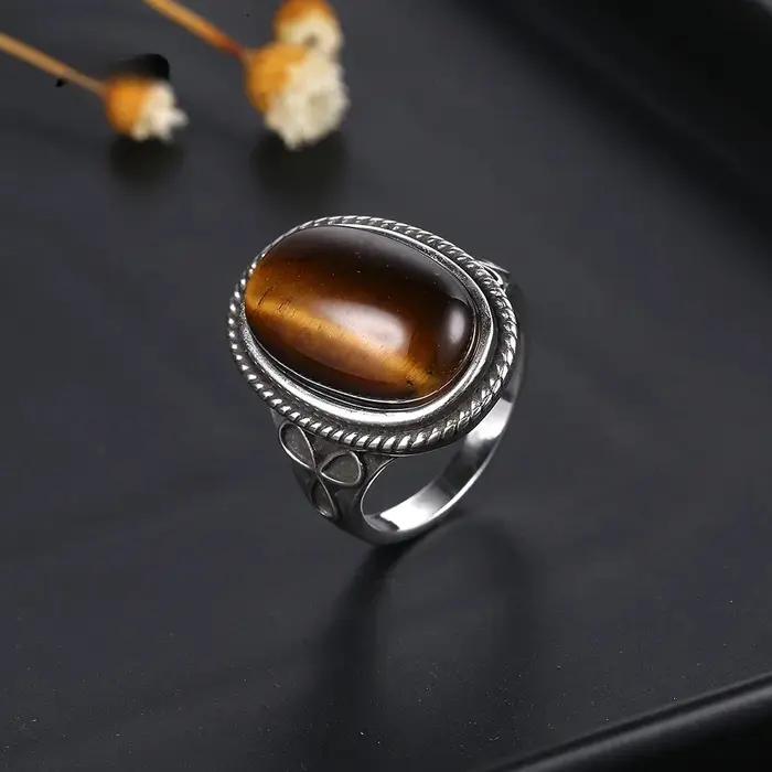 Bague Ovale en Œil de Tigre Naturel Grande Taille Bijoux Vintage Pour Femmes Hommes Occasions Spéciales Anniversaire Fiançailles Mariage Partie Fête Cadeau
