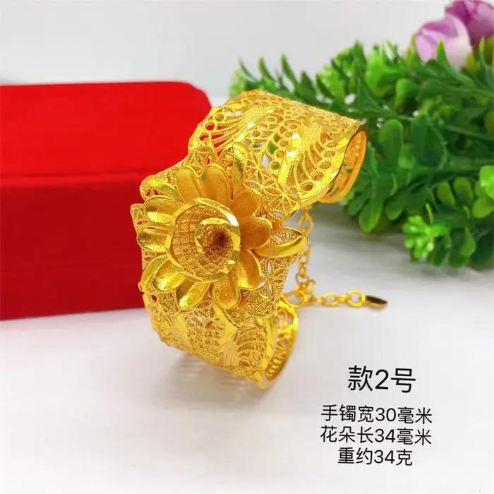 Bracelet pour femme en or 24 carats avec chaîne vietnamienne et fleur - Design ouvert + artisanat micro-incrustation de