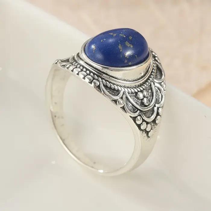 Bague ethnique pour femme en argent avec imitation de lapis-lazuli
