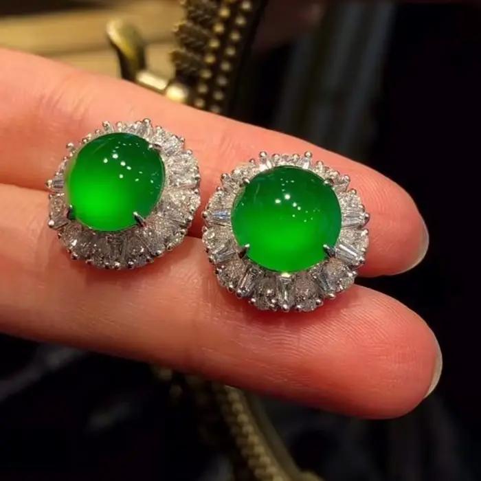 Grandes boucles d'oreilles en calcédoine verte Hetian naturelle incrustée, fleur ronde, bijoux de luxe rétro exagérés en argent, nouvelle collection