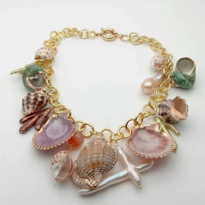 Collier de perles multi-coquillages pour femmes, bijoux de plage, vintage, mariage, fête, chaud, été, 19"