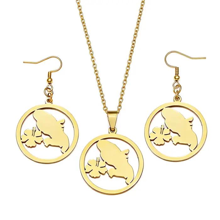 1 ensemble de colliers et boucles d'oreilles avec pendentif fleurs et carte de la Martinique pour femme, bijoux DOM France # 600062