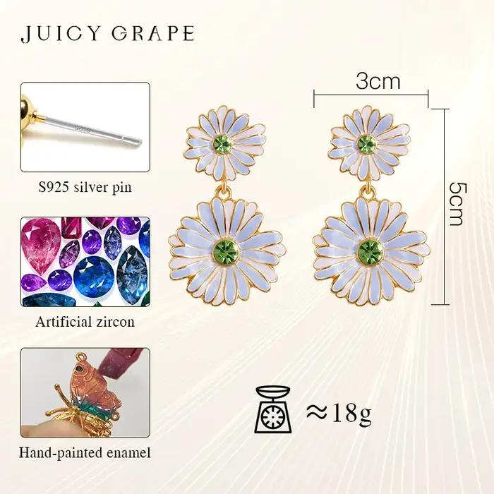 Boucles d'oreilles juteuses en raisin et marguerite – Émail peint à la main sur argent sterling 925 avec placage en or