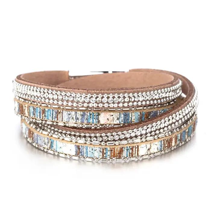 ALLYES femmes Bracelet en cuir tchèque cristal Vintage Boho plusieurs couches bohème Double Wrap
