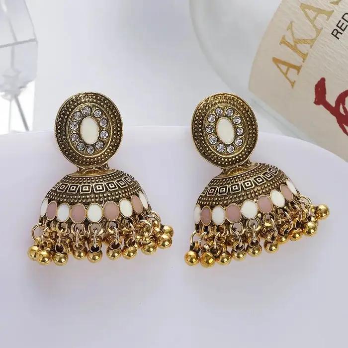 Boucles d'oreilles ethniques indiennes couleur or cloche pendantes pour dames charme multicolore cristal bohème bijoux