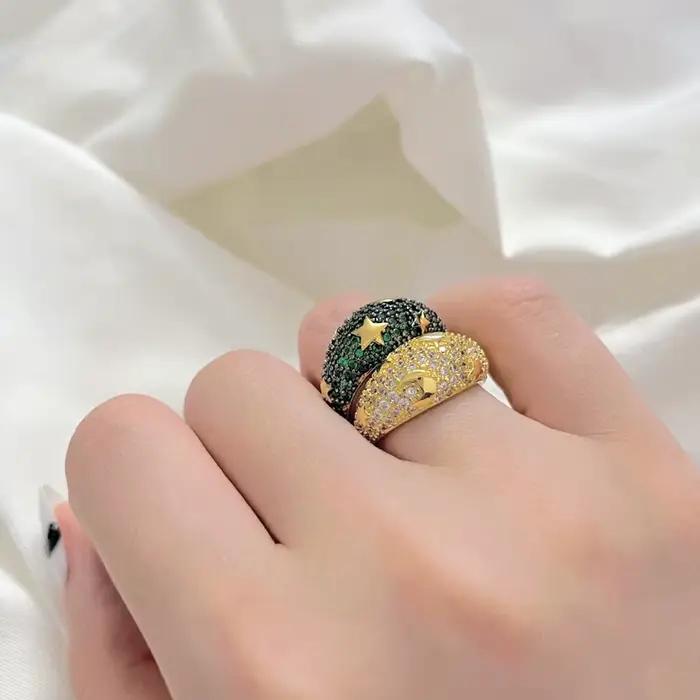 Bague en Or Arc-en-ciel avec Lune et Étoile pour Homme et Femme