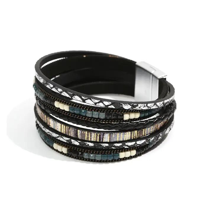 Femme multicouche en cuir enveloppé Bracelets cristaux perle manchette Bracelet Style ouest asiatique fille mode bijoux cadeau d'anniversaire