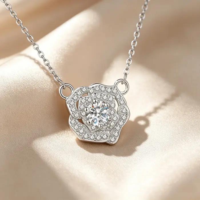 Collier en argent pur S925 avec pendentif fleur de camélia bohème pour femme