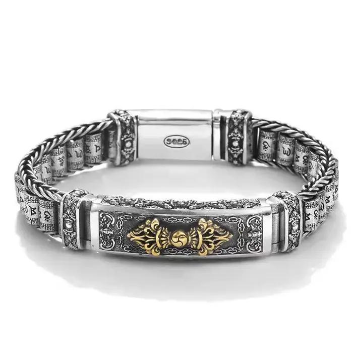 Bracelet mantra tibétain en argent Six-rick pour homme