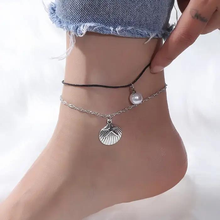 Bracelet de cheville en coquillage et étoile de mer pour femme
