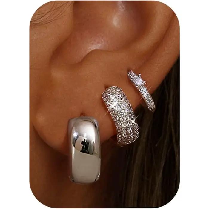 ORAZIO Boucles d'oreilles créoles plaquées or 14 carats pour femmes, ensemble de boucles d'oreilles hypoallergéniques pour oreilles sensibles, non ternissables, 3 paires