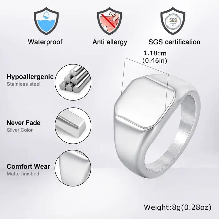 Bague chevalière carrée couleur argent pour hommes et femmes