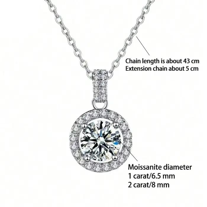 Collier pendentif rond élégant et tendance en argent 925 avec moissanite 1 carat/2 carats et design sophistiqué.