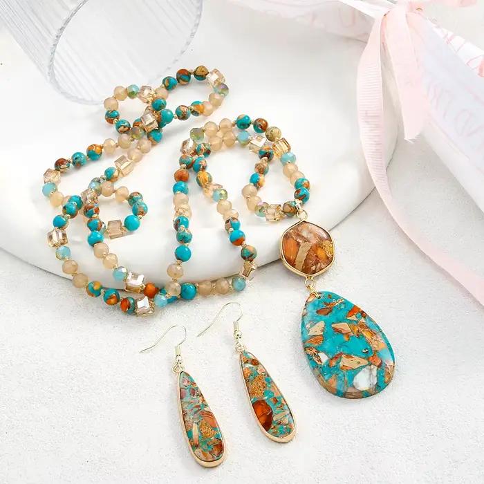 Mode bohème femmes bijoux 6mm pierre naturelle cristal verre noeud collier géométrique empereur pierre pendentif collier boucles d'oreilles