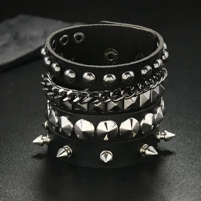 Nouveau 3 pièces/ensemble noir Goth Emo Boho Bracelets pour femme hommes Punk gothique pointe Rivets Bracelet en cuir PU