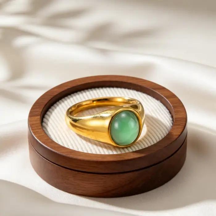 Bague ovale en acier inoxydable avec aventurine naturelle plaquée or 18 carats pour femme, bijou de fête et de tous les jours, cadeau romantique et élégant
