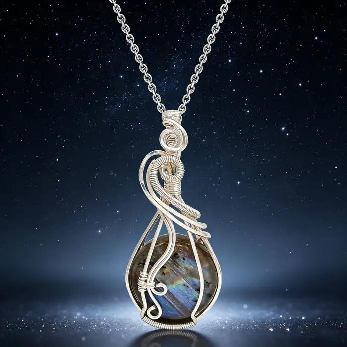 Pendentif Labradorite Arc-en-Ciel Pierres Précieuses Collier Naturel Cuivre Femme Occasions Spéciales