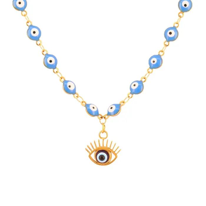Collier à breloques mauvais œil de couleur bleue pour femmes et hommes, en acier inoxydable, pendent