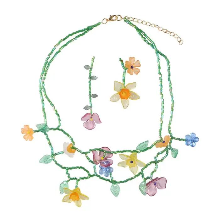 Collier de fleurs en résine fait à la main, style coréen, accessoires de bijoux, boucle d'oreille pendante perlée, gland, conception minoritaire, boucles d'oreilles asymétriques