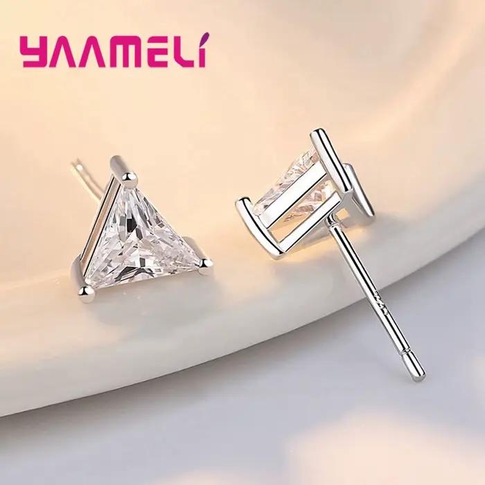 Boucles d'oreilles en argent Sterling 925 pur, Triangle clair, cristal, Zircon cubique, pour femmes et filles, bijoux à la mode pour fête de mariage, cadeaux