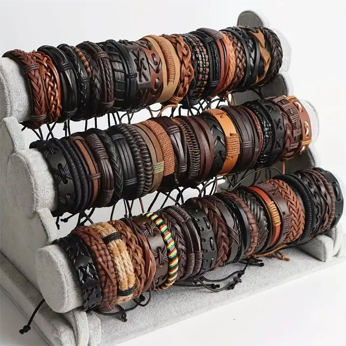 20 pièces Bracelets en cuir tressé pour hommes femmes envelopper perles de bois manchette Bracelet cordons de chanvre