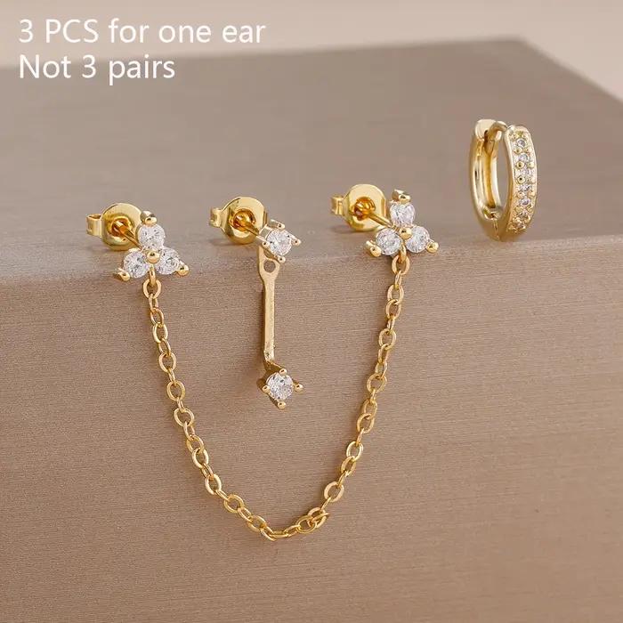 Ensemble de boucles d'oreilles de perçage pour femmes, plaqué or 14K, chaîne à maillons à Double tro