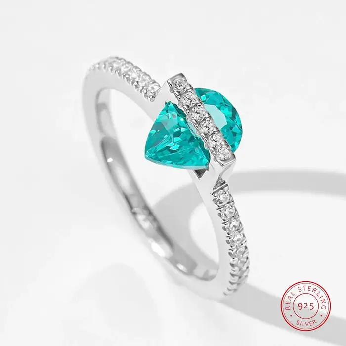 Bagues de fiançailles en argent sterling 925 avec tourmaline Paraiba taille poire et diamant à haute teneur en carbone