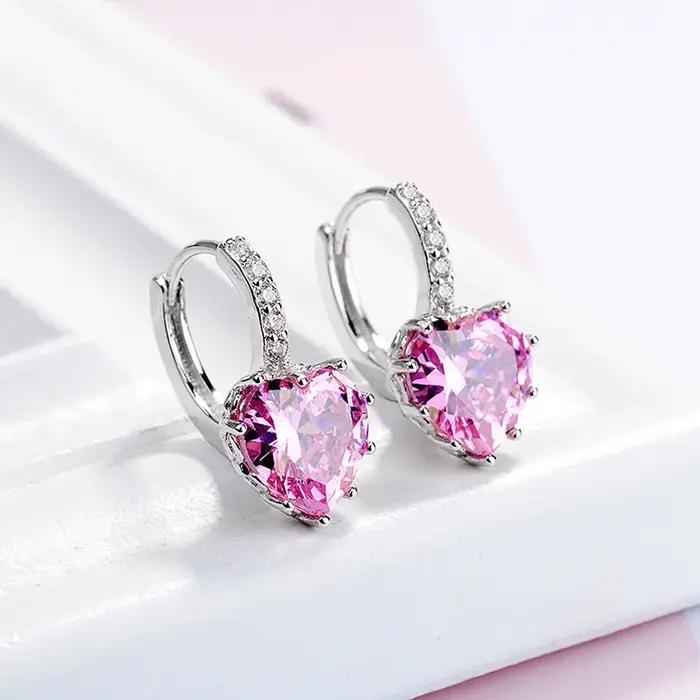 Mignon coeur coloré réel pur 925 bijoux en argent Sterling cubique zircone pierre boucles d'oreilles mode femmes favoris boucle d'oreille