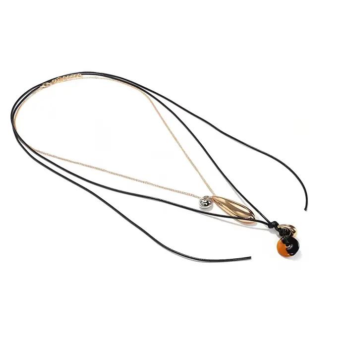 Collier pendentif goutte d'eau ZAA vintage 2 pièces/ensemble avec longue corde en cuir et chaînes métalliques pour femme