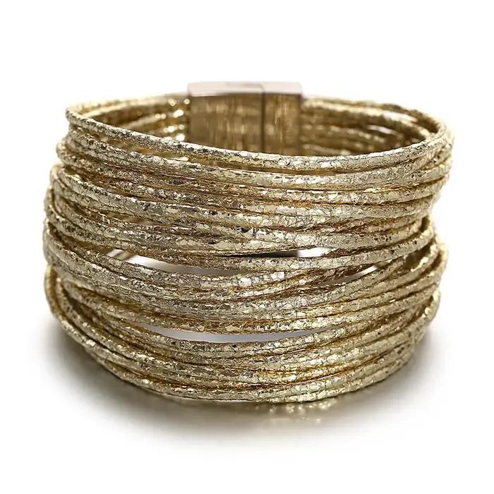 Amorcome Simple couleur mixte brillant Bracelets en cuir pour Femme mode Boho bandes multicouches large Bracelet