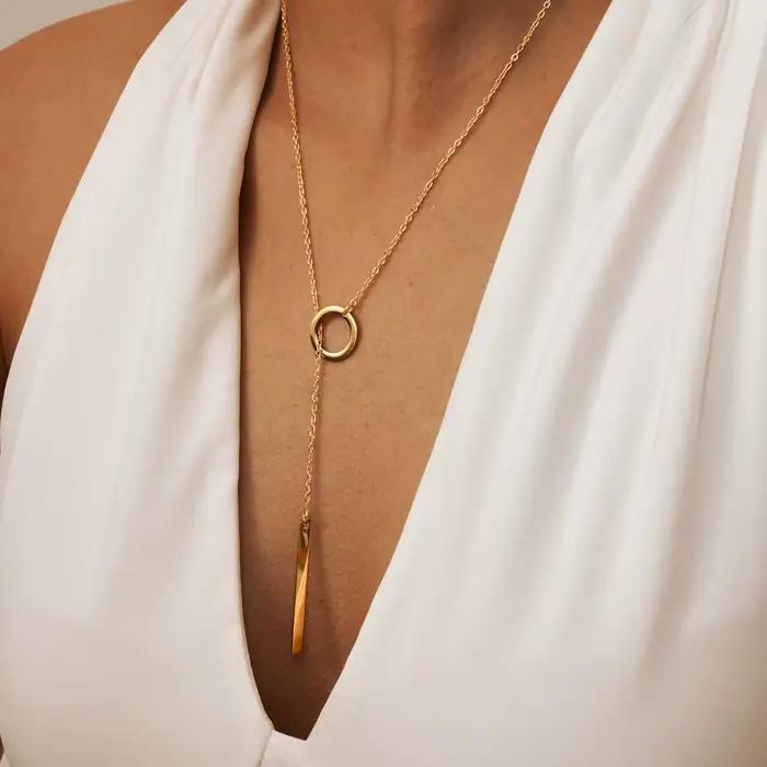 Collier lariat pour femmes, collier en acier inoxydable avec un long JOL, bijoux de fête et de mariage