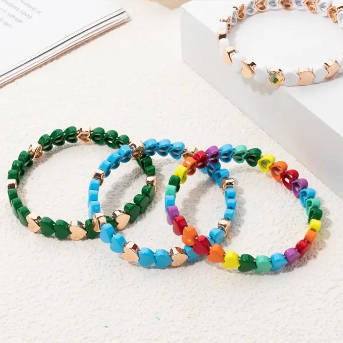Bracelet élastique perlé en émail coloré 2025 pour femme, motif cœur bohème