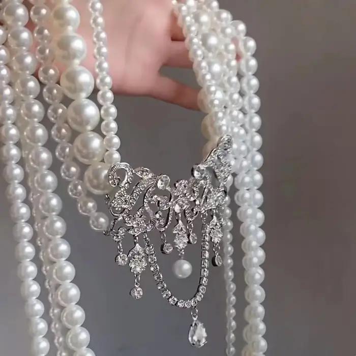 Collier long de perles multicouches, à la mode, style ins haut de gamme européen et américain, chaîn