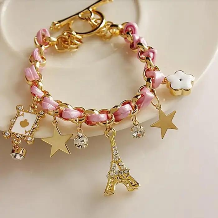 Nouvelle arrivée femmes fleurs Bracelet chaîne étoile coeur Paris tour Eiffel couronne Poker mignon