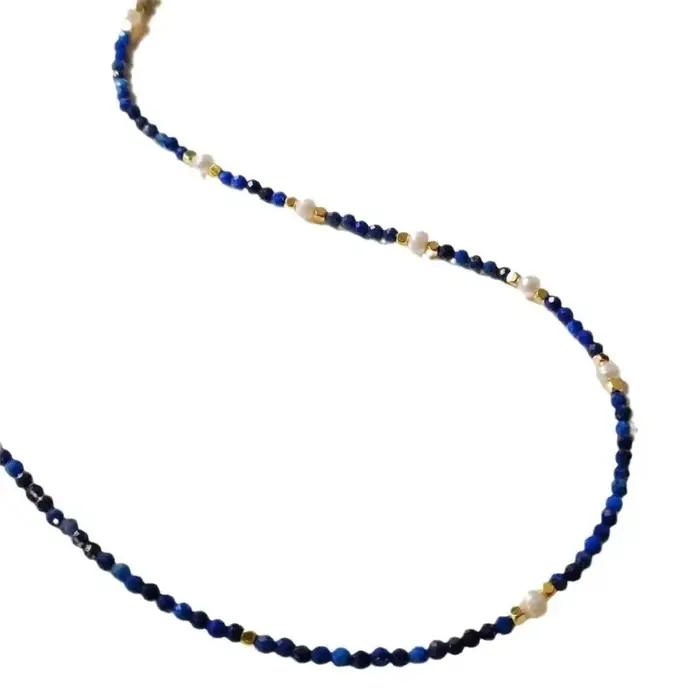 Minar Boho-Collier en Lapis Lazuli Bleu Marine pour Femme, Pierre Naturelle, Perles d'Eau Douce, Ras du Cou en Cuivre Plaqué Or 14K