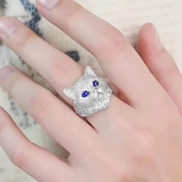 Bagues en forme de chat en relief camée pour femmes, design original à la mode, en argent 925, avec yeux bleus mignons, bijoux de banquet réglables