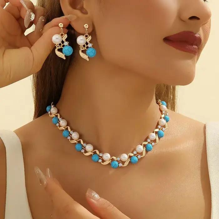 Ensemble de boucles d'oreilles et collier en perles turquoise polyvalentes pour femmes, bijoux haut